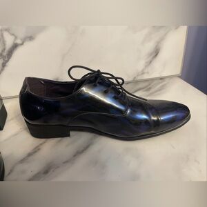 Blue & Black Shiny Patent Leather Oxford Lace Up Men’s Fashion Shoes Size 8
